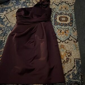 David’s Bridal one shoulder eggplant purple one shoulder special occasion dress.